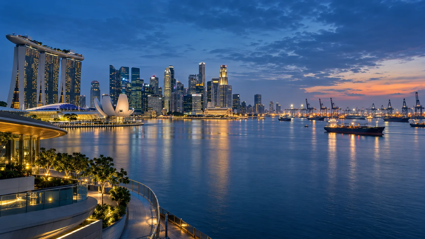 Singapore skyline and waterfront at dusk