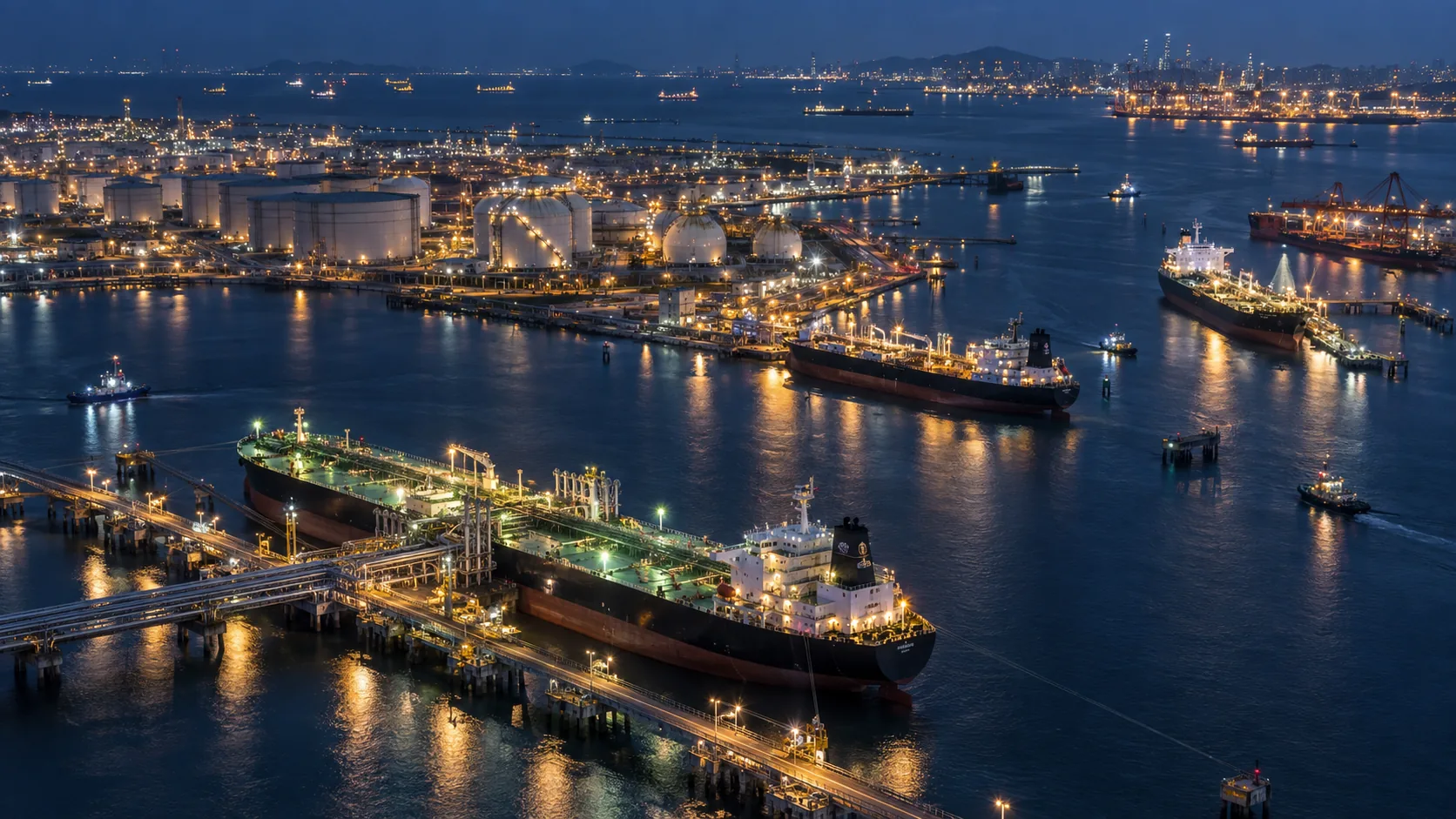 Night aerial of an energy port and terminal