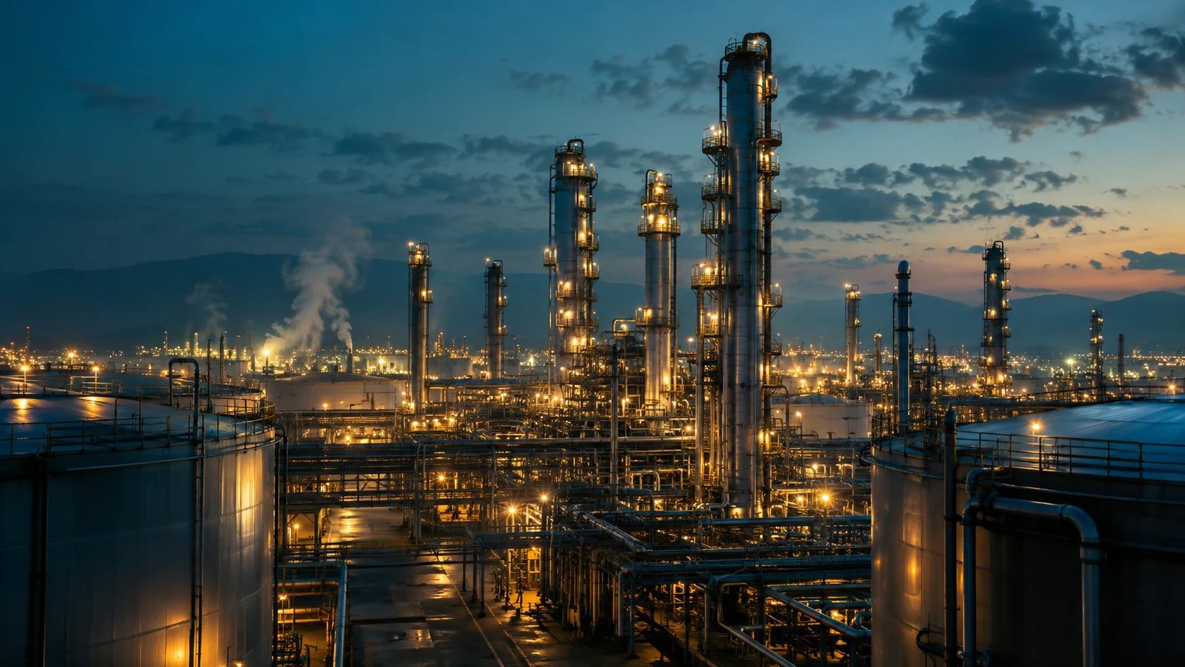 Industrial energy infrastructure at dusk